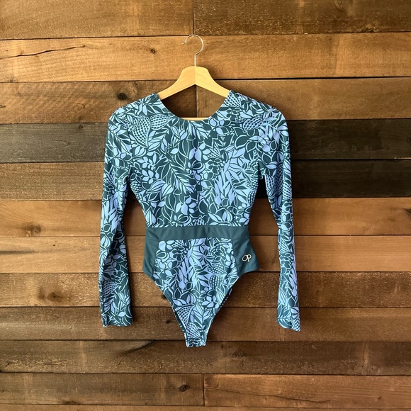 OP Green & Blue Botanical Long Sleeve Open Back One-Piece Swimsuit – Size M - Picture 3 of 11